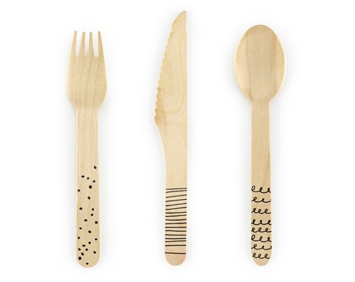 18PK WOODEN CUTLERY WITH BLACK TIPS