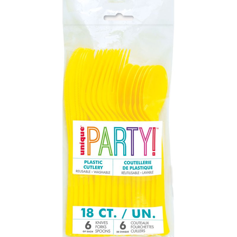 18PC NEON YELLOW ASSORTED PLASTIC CUTLERY