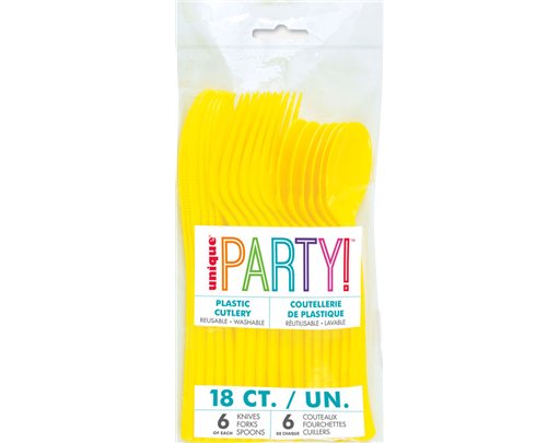 18PC NEON YELLOW ASSORTED PLASTIC CUTLERY