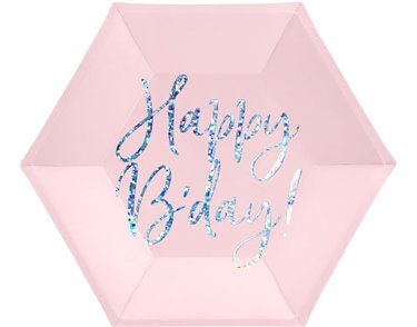 6PK 20cm LIGHT PINK HAPPY B'DAY PLATES
