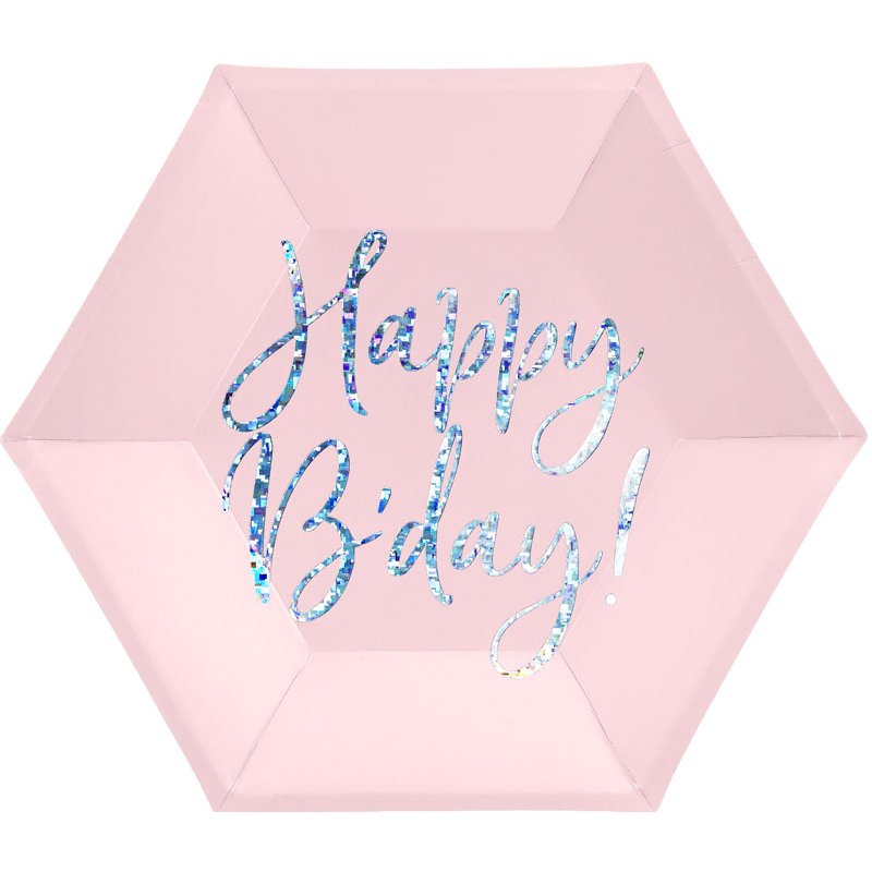 6PK 20cm LIGHT PINK HAPPY B'DAY PLATES