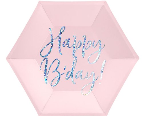 6PK 20cm LIGHT PINK HAPPY B'DAY PLATES