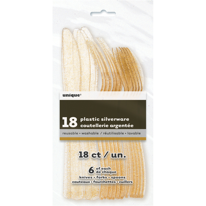 18PC ASST GOLD GLITTER CUTLERY