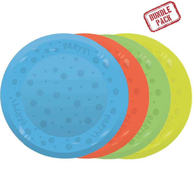 4PK 21cm ASST FLUORESCENT "PARTY" REUSABLE SEMI-TRANSPARENT PLATES