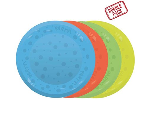 4PK 21cm ASST FLUORESCENT "PARTY" REUSABLE SEMI-TRANSPARENT PLATES