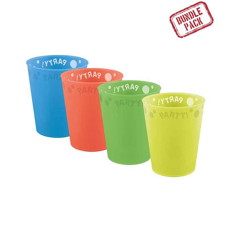 4PK 250ml ASST FLUORESCENT "PARTY" REUSABLE SEMI-TRANSPARENT CUPS
