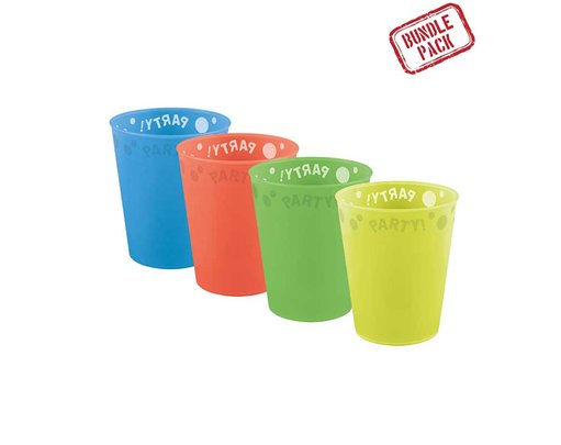 4PK 250ml ASST FLUORESCENT "PARTY" REUSABLE SEMI-TRANSPARENT CUPS