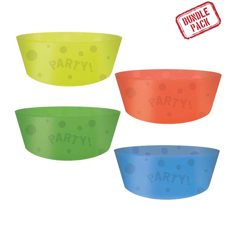 4PK 12cm ASST FLUORESCENT "PARTY" REUSABLE SEMI-TRANSPARENT BOWLS