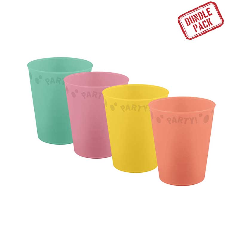4PK 250ml ASST PASTEL "PARTY" REUSABLE SEMI-TRANSPARENT CUPS