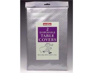 (2) SILVER SQUARE TABLECOVERS