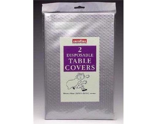 (2) SILVER SQUARE TABLECOVERS