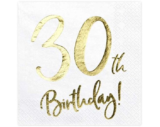 (20) 30TH GOLD FOIL ON WHITE NAPKINS