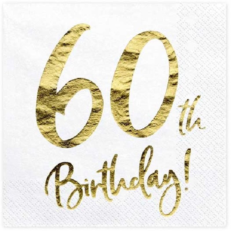 (20) 60TH GOLD FOIL ON WHITE NAPKINS