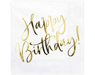20PK 33x33cm GOLD FOIL WHITE HAPPY BIRTHDAY NAPKINS