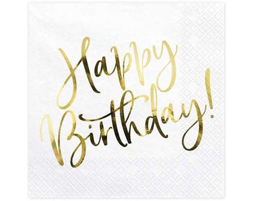 20PK 33x33cm GOLD FOIL WHITE HAPPY BIRTHDAY NAPKINS