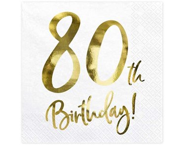 20PK 33x33cm WHITE 80TH BIRTHDAY NAPKINS