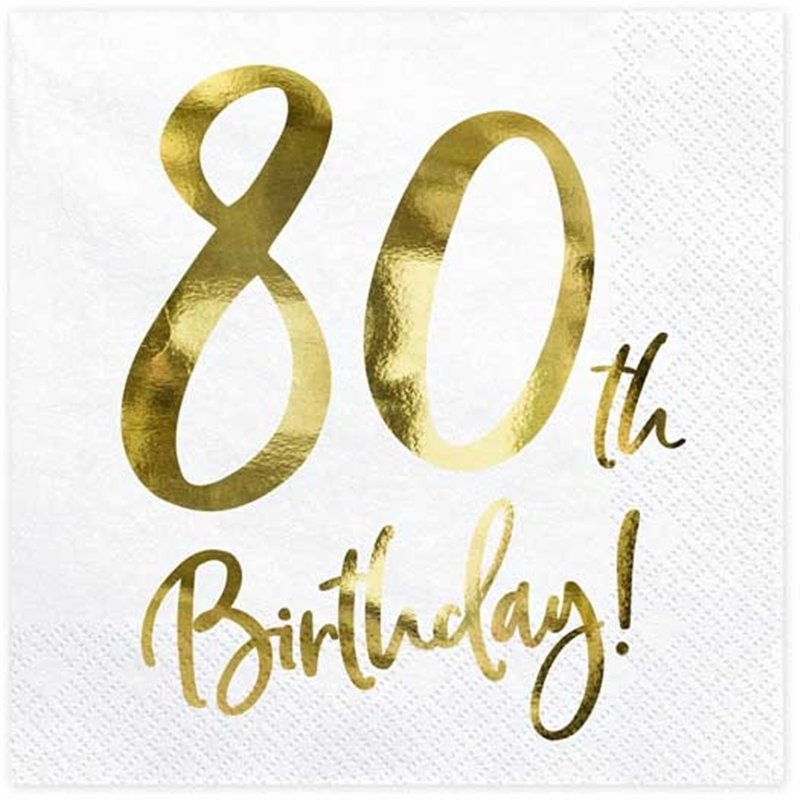 20PK 33x33cm WHITE 80TH BIRTHDAY NAPKINS