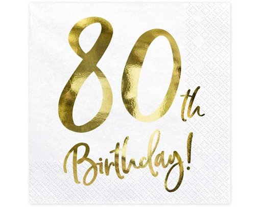 20PK 33x33cm WHITE 80TH BIRTHDAY NAPKINS