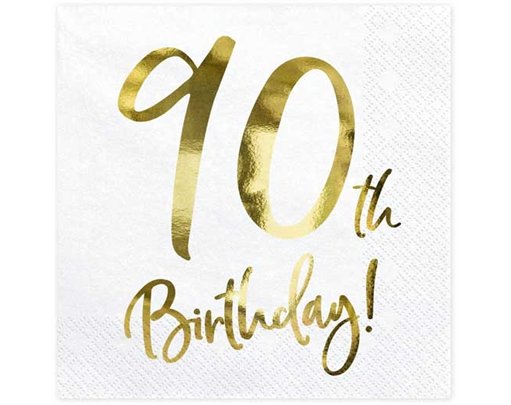 20PK 33x33cm WHITE 90TH BIRTHDAY NAPKINS