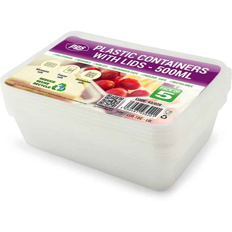 5PK 500ml PLASTIC FOOD CONTAINERS & LIDS