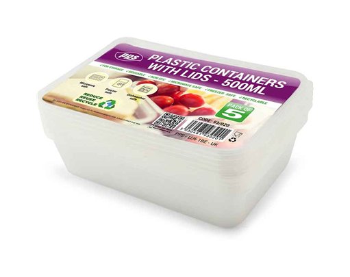 5PK 500ml PLASTIC FOOD CONTAINERS & LIDS