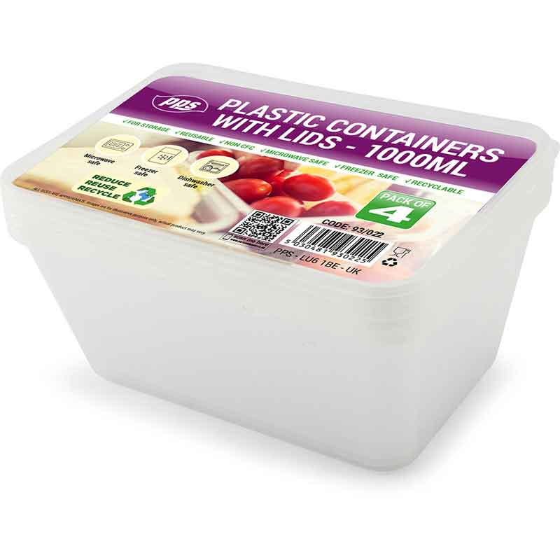 3PK 1000ml PLASTIC FOOD CONTAINERS & LIDS
