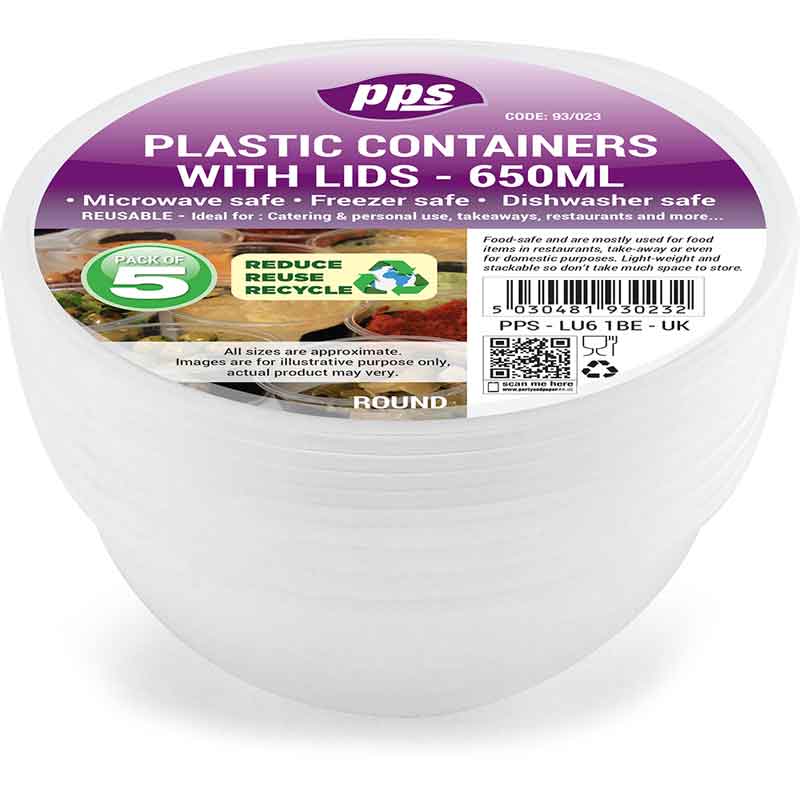 5PK 650ml PLASTIC ROUND FOOD CONTAINERS & LIDS