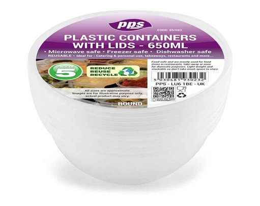 5PK 650ml PLASTIC ROUND FOOD CONTAINERS & LIDS