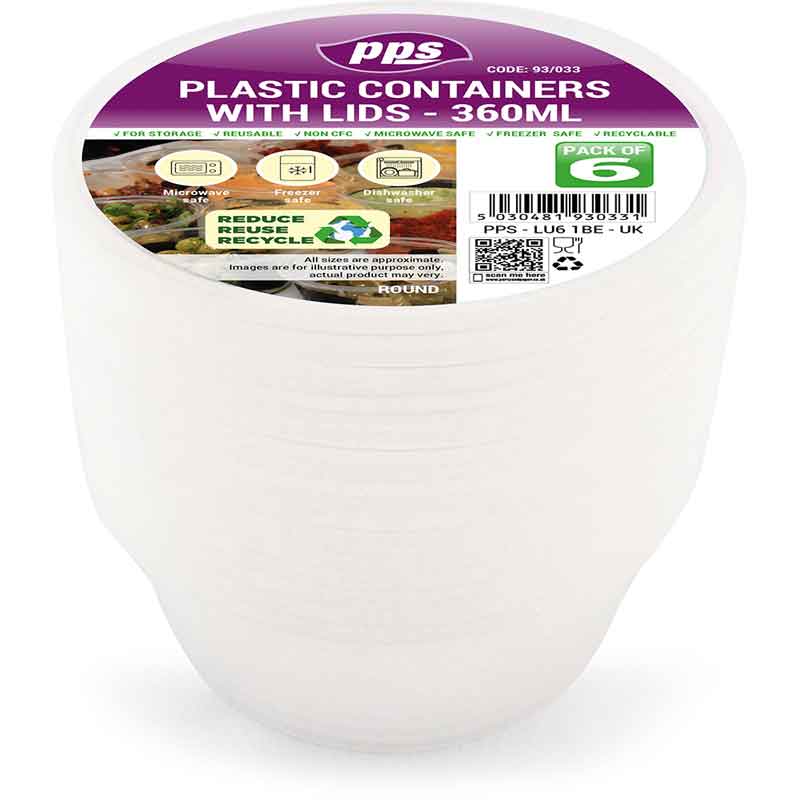 8PK 360ml PLASTIC ROUND FOOD CONTAINERS & LIDS