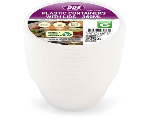 8PK 360ml PLASTIC ROUND FOOD CONTAINERS & LIDS