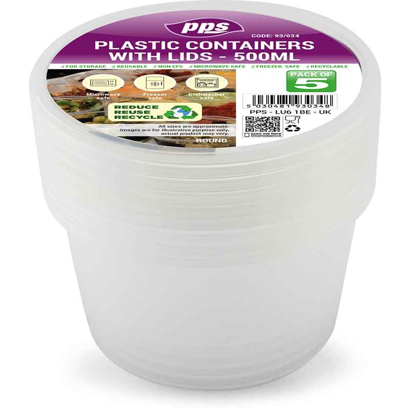 5PK 550ml PLASTIC ROUND FOOD CONTAINERS & LIDS