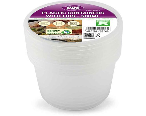 5PK 550ml PLASTIC ROUND FOOD CONTAINERS & LIDS