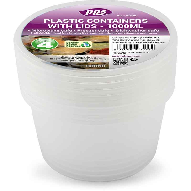 4PK 1000ml PLASTIC ROUND FOOD CONTAINERS & LIDS