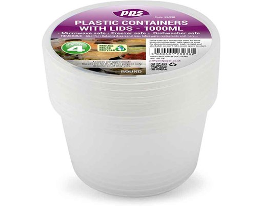 4PK 1000ml PLASTIC ROUND FOOD CONTAINERS & LIDS