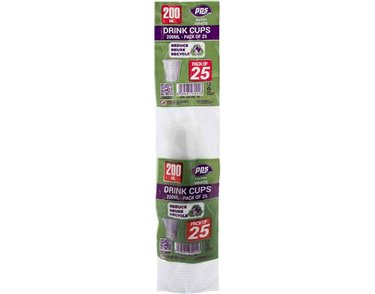 25PK 200ml WHITE PLASTIC CUPS