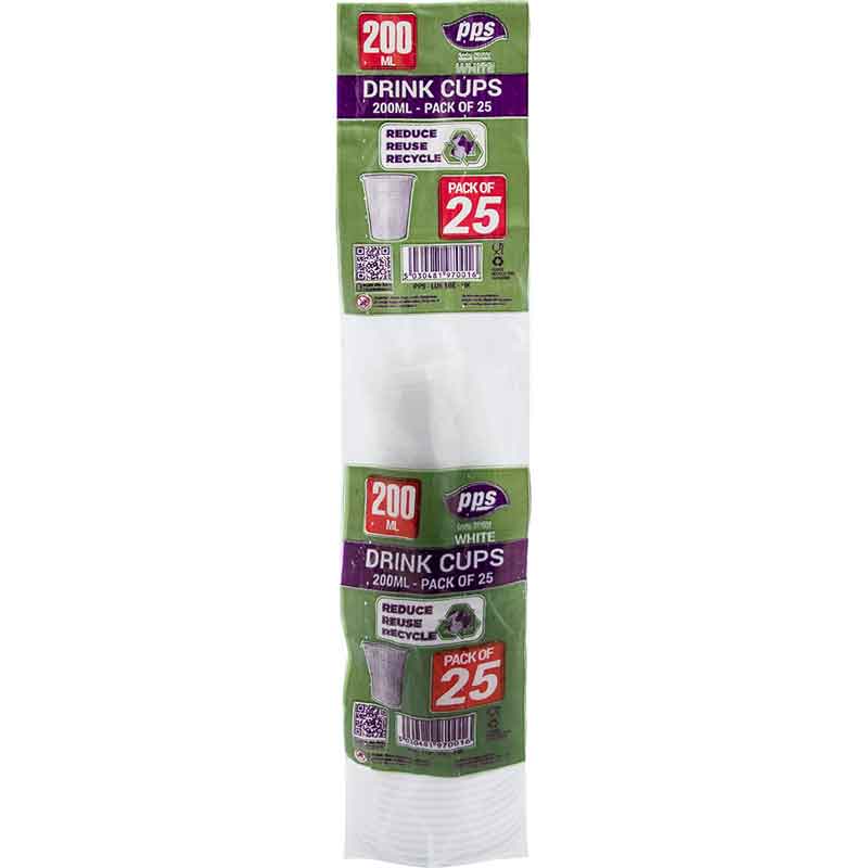 25PK 200ml WHITE PLASTIC CUPS