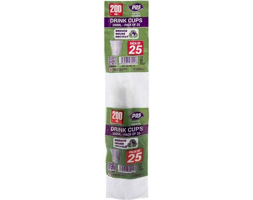 25PK 200ml WHITE PLASTIC CUPS