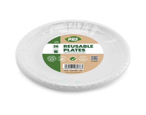 6PK 26cm WHITE PLASTIC PLATES
