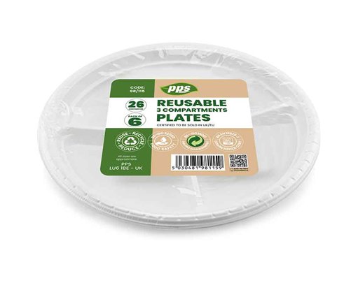 6PK 26cm 3 COMPARTMENTS WHITE PLASTIC PLATES