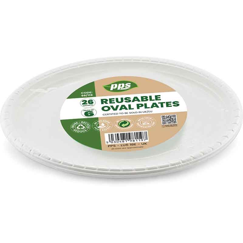 6PK 26cm WHITE PLASTIC OVAL PLATES