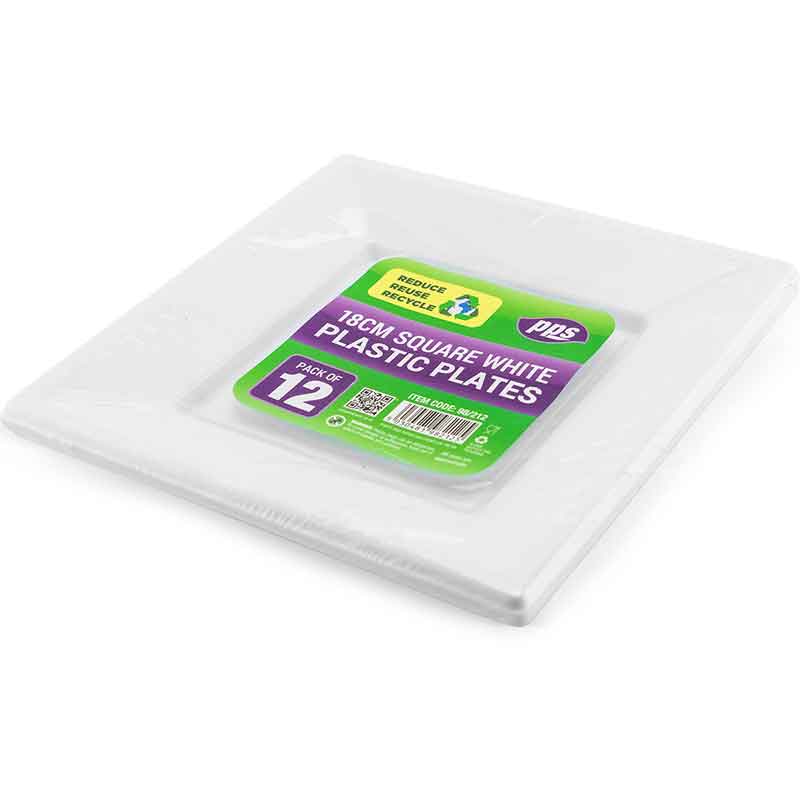 12PK 18cm WHITE PLASTIC SQUARE PLATES