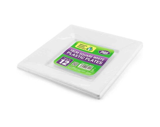 12PK 18cm WHITE PLASTIC SQUARE PLATES