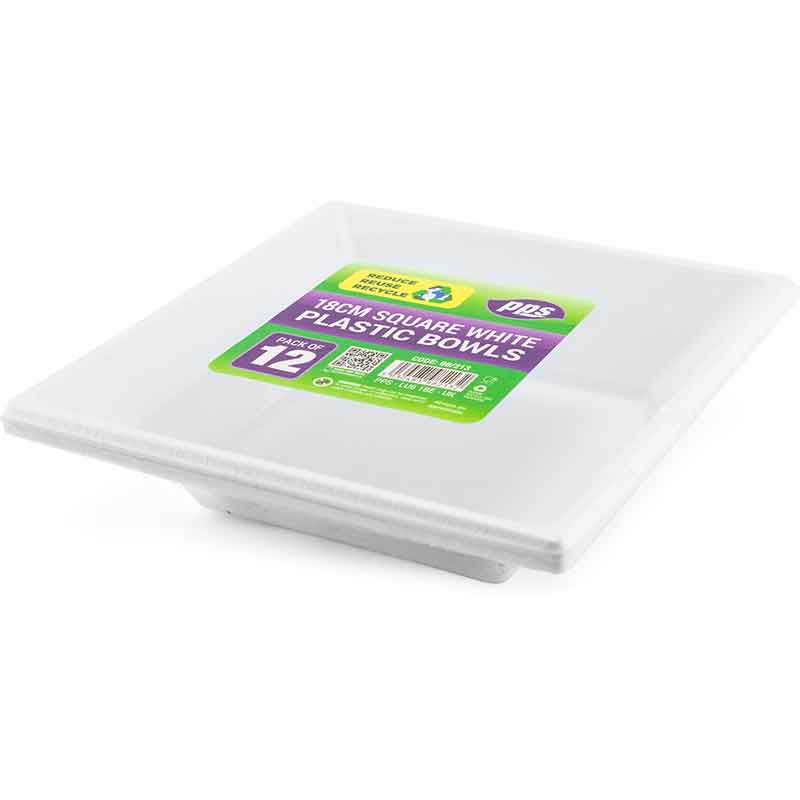 12PK 18cm WHITE PLASTIC SQUARE BOWLS