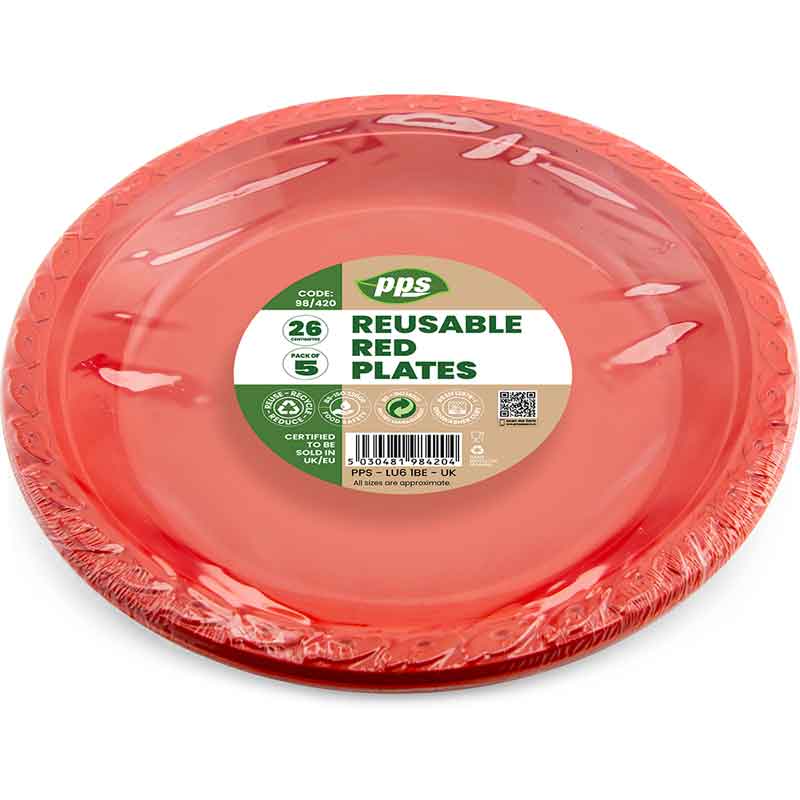 5PK 26cm RED PLASTIC ROUND PLATES
