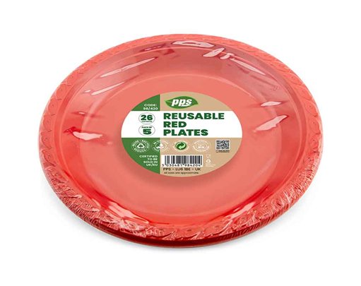 5PK 26cm RED PLASTIC ROUND PLATES