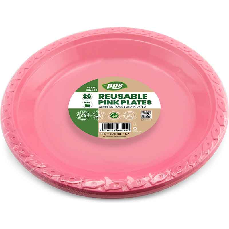 5PK 26cm PINK PLASTIC PLATES