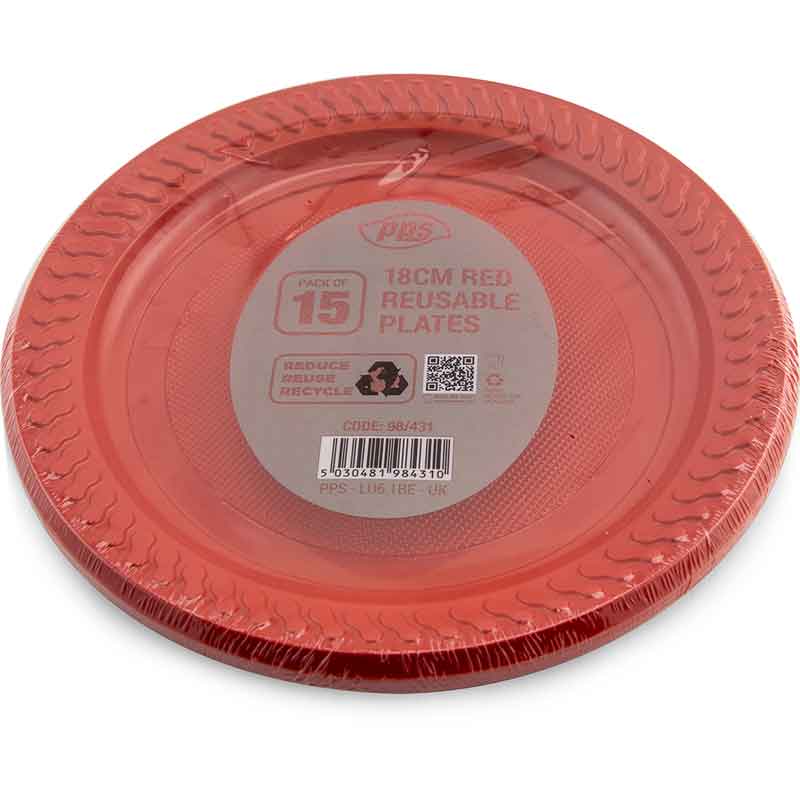 15PK 18cm RED PLASTIC PLATES