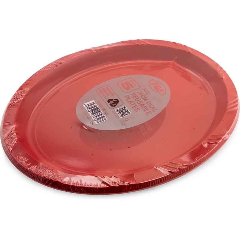 5PK 26cm RED PLASTIC OVAL PLATES