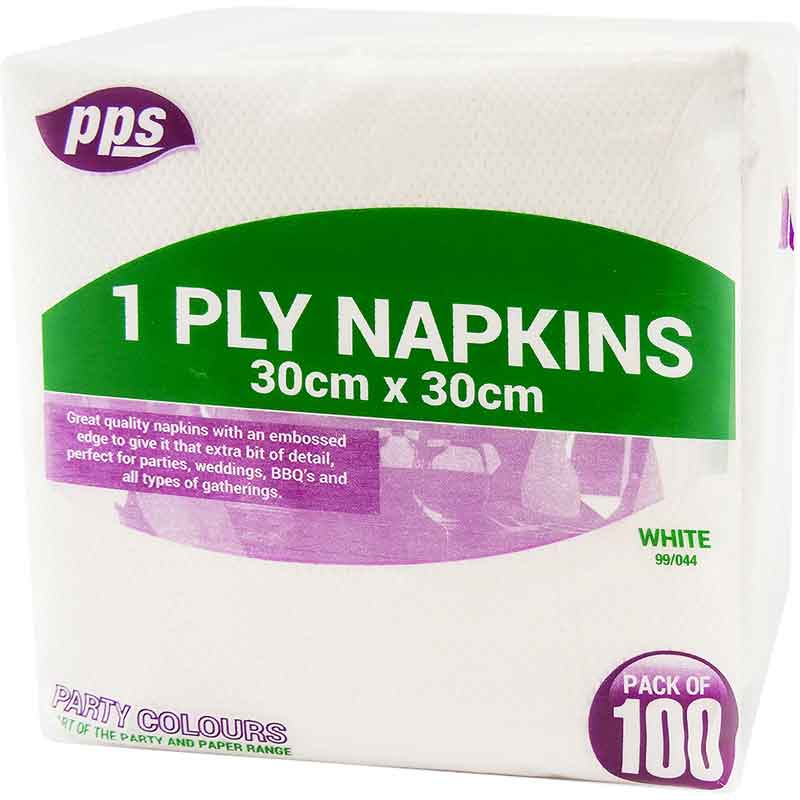 100PK 30cm 1PLY WHITE NAPKINS