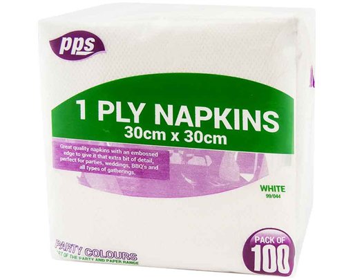 100PK 30cm 1PLY WHITE NAPKINS